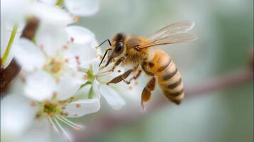 Bee pollinating flower in nature close-up soft focus photo