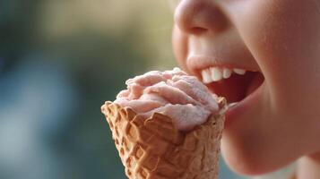 Enjoying delicious ice cream cone outdoor park child's delight close-up photo