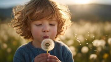 Child blowing dandelion seeds meadow sunny close-up photo