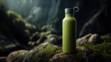 Refreshing water bottle lush forest product nature close-up photo