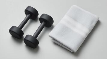 Weightlifting routine essentials home gym fitness equipment indoor top view photo