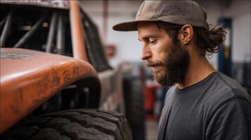 Focused Mechanic Inspects Off-Road Vehicle Tire in Workshop photo