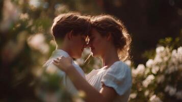 Couple embracing in blooming garden romantic scene soft focus nature photo