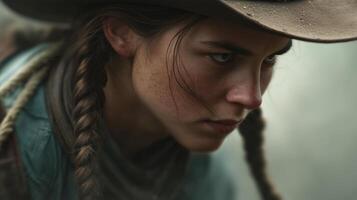 Intense cowgirl focused adventure wilderness portrait dramatic close-up exploration photo