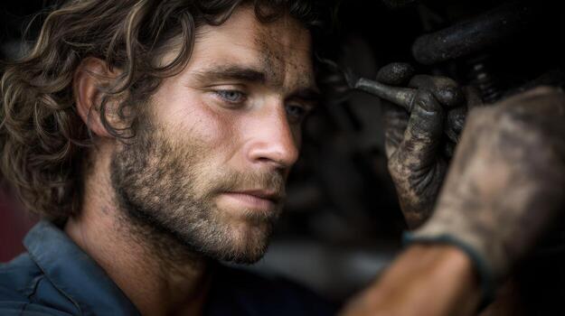 Concentrated Mechanic Working on Engine with Dirty Hands and Face photo