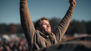 Celebrating Success with Enthusiasm at an Outdoor Event photo