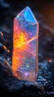 A luminous crystal with colorful patterns, like a portal to a mesmerizing cosmic universe. photo