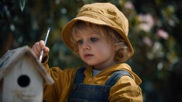 Child painting birdhouse in garden artistic expression natural setting photo