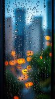 Raindrops on a window obscure the vibrant city lights in a beautiful, dreamy vision. photo