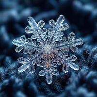 Exquisite macro captures a pristine snowflake's intricate beauty, resting on a soft, textured surface. photo