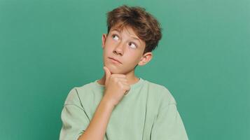 A boy is looking up at something on a green background photo