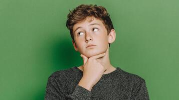 A boy is looking up with his hand on his chin photo