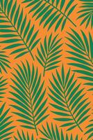 a pattern with green palm leaves on an orange background vector