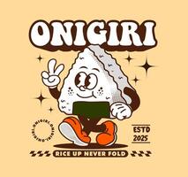 Retro onigiri cartoon character with a playful, colorful design vector