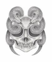 Surreal art snake with cat skull tattoo design by hand drawing on paper make graphic . vector