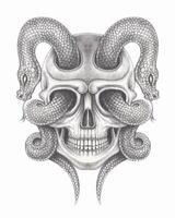 Surreal art skull with snake tattoo design by hand drawing on paper make graphic . vector