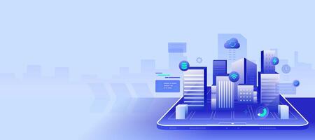 3D Building Design Virtual Digital Construction Software concept in tablet Banner vector