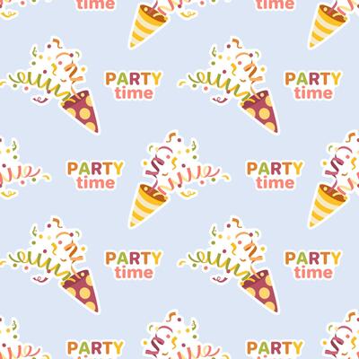 Seamless pattern with birthday sticker, clapper with confetti and streamers. Birthday, holiday, celebration, celebration, congratulations, invitation. illustration.