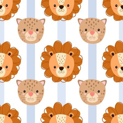 Seamless pattern cartoon safari African animal heads. Lion and cheetah. illustration.
