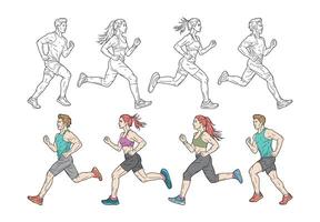 Runners in Action Line Art and Colored Illustrations vector