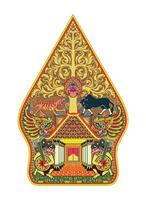 Intricate Gunungan Wayang Kulit Puppet Depicting Mythological Creatures and Symbolic Elements Illustration. vector