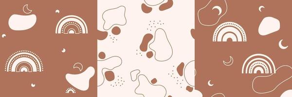 Set of three seamless kid's patterns with rainbows, spots and crescents drawn in Bohemian colors. vector