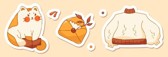 A set of planner stickers on a fall theme. A kawaii cat, warm sweater and envelope with an autumn sprig. vector