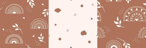 A set of three kids seamless patterns drawn in neutral pastel bohemian colors featuring rainbows, leaves, clouds and dots. vector
