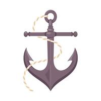 Flat illustration of nautical anchor with rope isolated. Classic marine symbol representing stability, security and adventure. Perfect for maritime designs, sailing concepts vector
