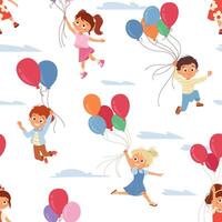 Seamless pattern with cheerful cartoon children flying with colorful balloons in sky Happy kids in motion, smiling and playing Bright playful design for fabric, wrapping paper or kids products vector