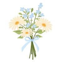 Hand drawn wildflower bouquet. pastel composition with large daisies and forget-me-nots, tied with blue ribbon. Decorative botanical element for cards, packaging, eco and rustic design projects vector