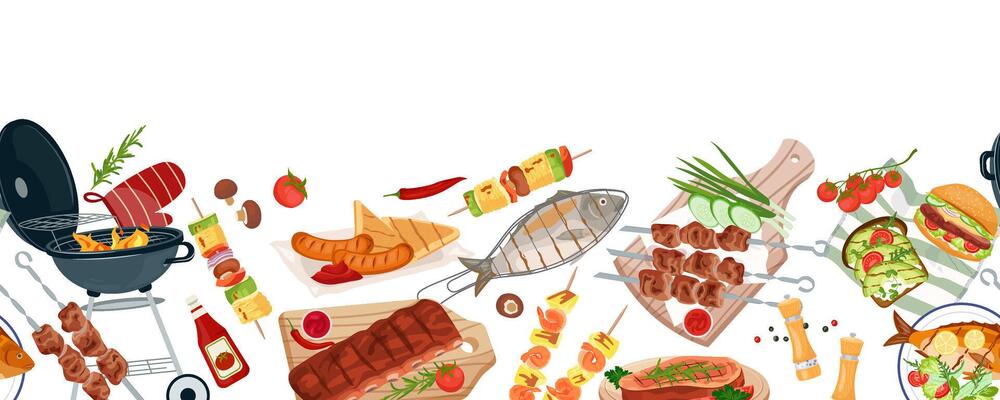 Party grilled food border. Summer picnic BBQ seamless pattern. Flat banner with barbecue grill, sausages, meat skewers, steak, fish and shrimp, burger and vegetables grill, with copy space