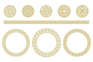 Elegant gold decorative design elements, including circles and borders. vector