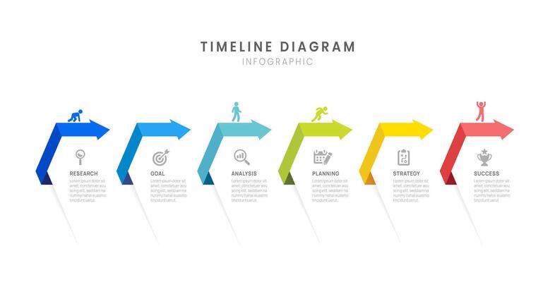 Business timeline infographic arrow with 6 milestones elements, diagram and icon.