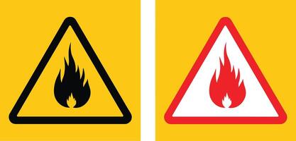 Danger signs with flame symbol in triangle shape. Indicates flammable or combustible materials in workplaces, factories, or labs requiring fire risk alerts. vector