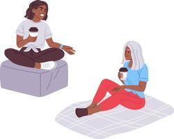 Two young women are sitting comfortably, holding disposable coffee cups and enjoying a relaxing break together, possibly discussing something interesting vector