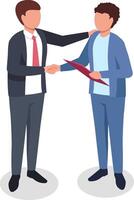 Two businessmen shaking hands while finalizing a business deal, one holding a folder, representing a successful partnership and cooperation in a professional setting vector