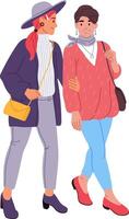 Two androgynous non binary people are walking together arm in arm, showcasing their fashionable outfits and accessories while enjoying each other's company on a leisurely stroll vector