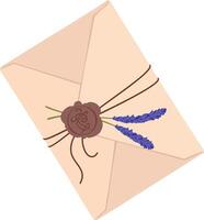 Closed envelope with wax seal and lavender decoration, tied with string, suggesting a vintage or romantic theme, perfect for wedding invitations or special occasions vector