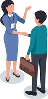 Businesswoman wearing a badge shaking hands with a businessman holding a briefcase, discussing key points during a business meeting, fostering collaboration and partnership vector