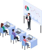 Businessman using microphone giving presentation to office workers sitting at desks analyzing charts on laptops and following the conference, isometric business illustration vector