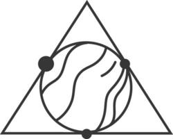 Minimalist line art illustration depicting planet earth inside a triangle with three dots representing connection points, symbolizing global network, communication or data exchange vector