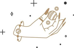 Golden line art drawing of a hand with long black nails and planet bracelet holding a planet with celestial elements and black dots on a white background vector