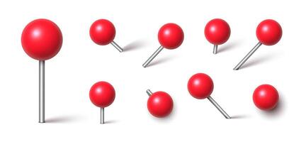 3d red pin. Plastic map push pins, point markers, thumbtacks with needle and round head, pushpin for paper notice, position or place pointer with shadows. isolated set vector