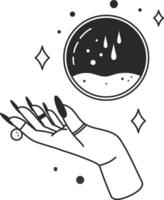 Hand with black nails and rings showing a crystal ball with falling drops and sparkles, predicting the future with esoteric arts, in a simple black and white line art illustration vector