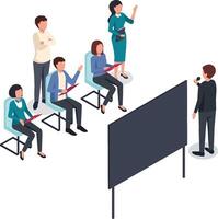 Office workers are sitting on chairs and listening to their colleague making a presentation holding a microphone, asking questions and taking notes vector