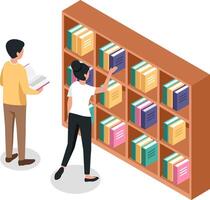 Librarian picking book from bookshelf while student reading textbook in library, isometric illustration of learning and education concept vector