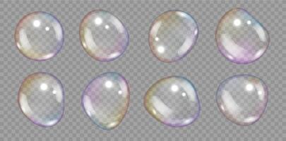 Soap bubbles. 3D realistic soapy air transparent iridescent spheres, bath foam texture elements in rainbow color. Water bubble with reflection isolated set vector