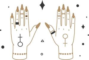 Two hands adorned with long nails, rings, and esoteric symbols on palms creating a mystical gesture against a white background, complemented by decorative elements for added intrigue vector