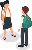Two elementary school students, a girl and a boy, wearing backpacks, engaging in conversation while standing together, likely before or after class, enjoying their time as friends vector